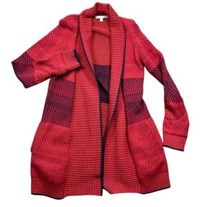 Cabi XS Red Blue Sweater Open Front Cardigan Cotton Blend Pockets